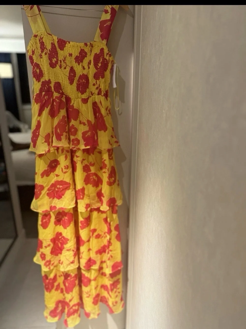 Ro&Zo Yellow+Cerise Floral Strappy Tiered Lined Chiffon Maxi Dress SZ 14UK 10US